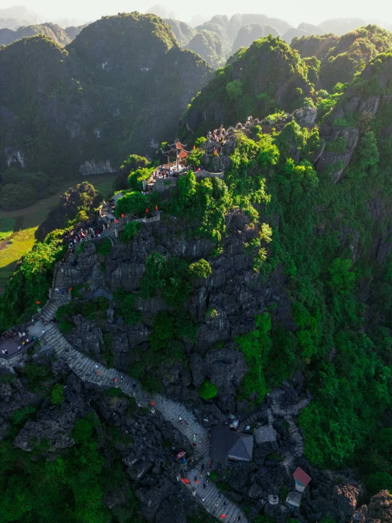 a scenic aerial view of a mountain village