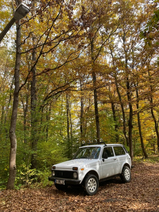 a white vehicle sits parked on a leaf covered path