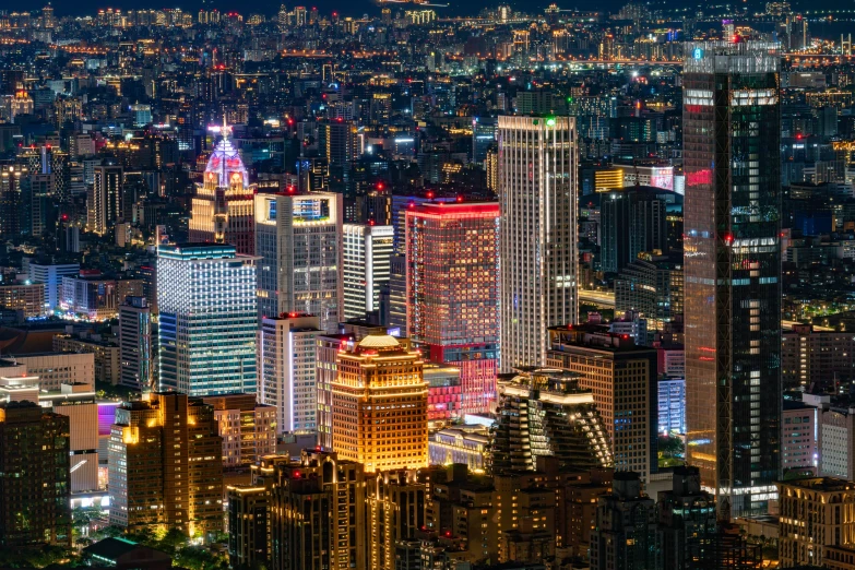 the city's downtownscape at night from above