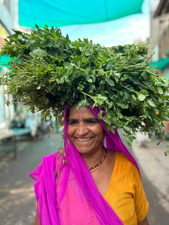 the woman is wearing a pink and yellow headpiece and a plant on her top