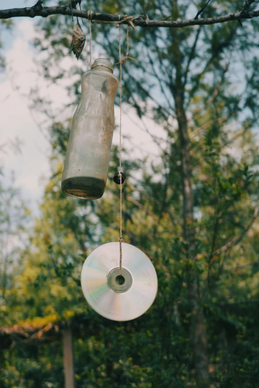 an old jar hanging from a tree with two discs attached