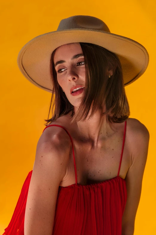 a woman wearing a large hat against a yellow background