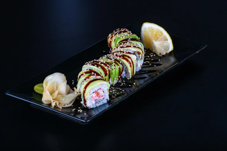 sushi is shown on a dark background