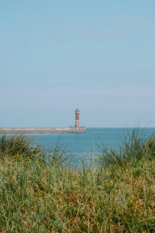 a lighthouse in a sea with tall grass