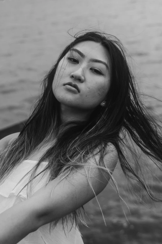 black and white image of woman with wet hair