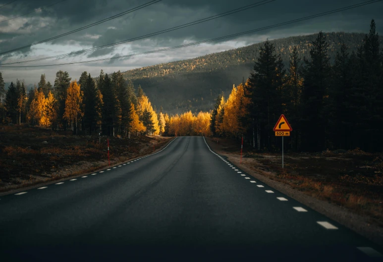 the view down a highway with two yellow and white signs