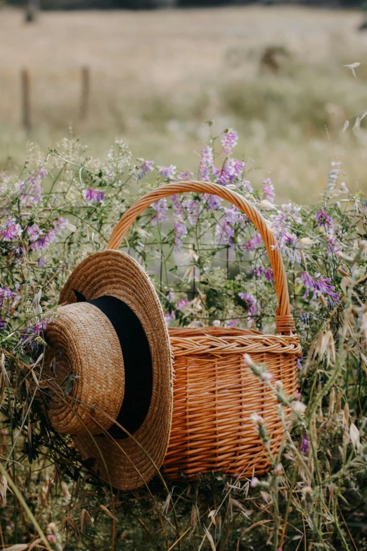 two woven wicker baskets sitting in a field