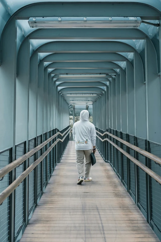 a person walking across a bridge with many rails