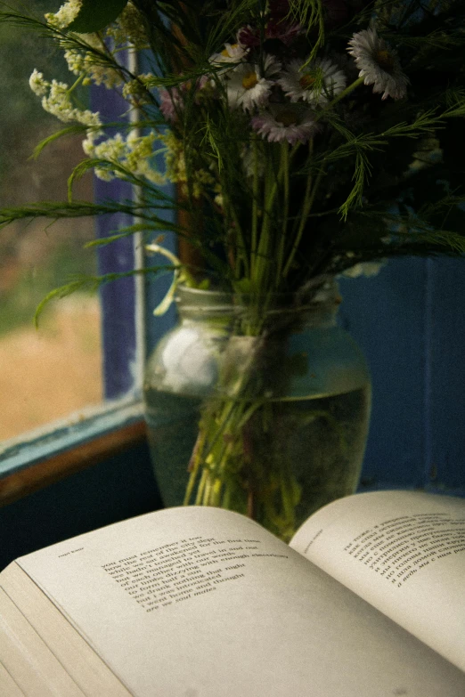 a vase with purple and white flowers sitting on a windowsill next to an open book