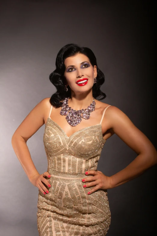 an image of a woman with red lips in a gold dress