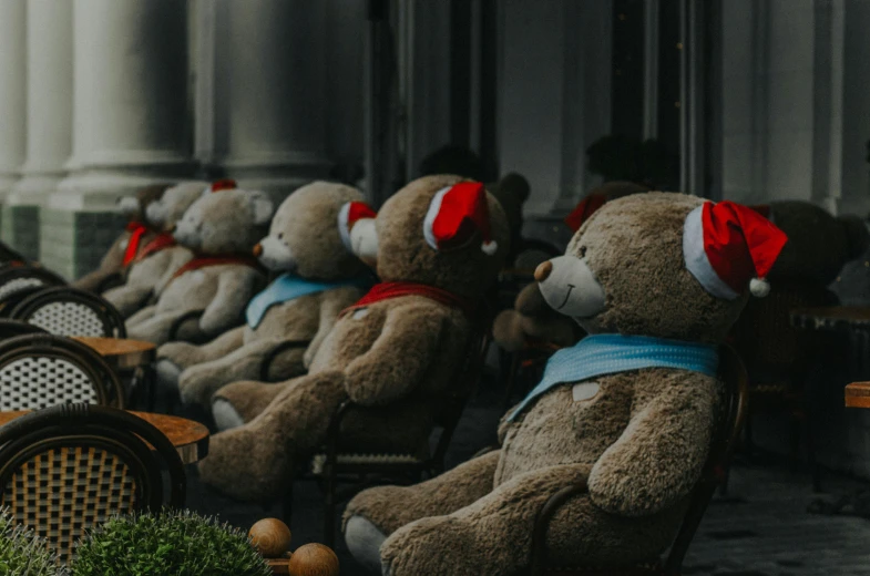 a bunch of stuffed animals lined up on the ground