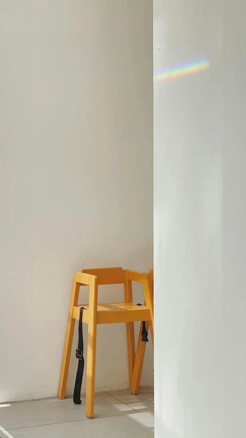 a wooden stool stands near a wall