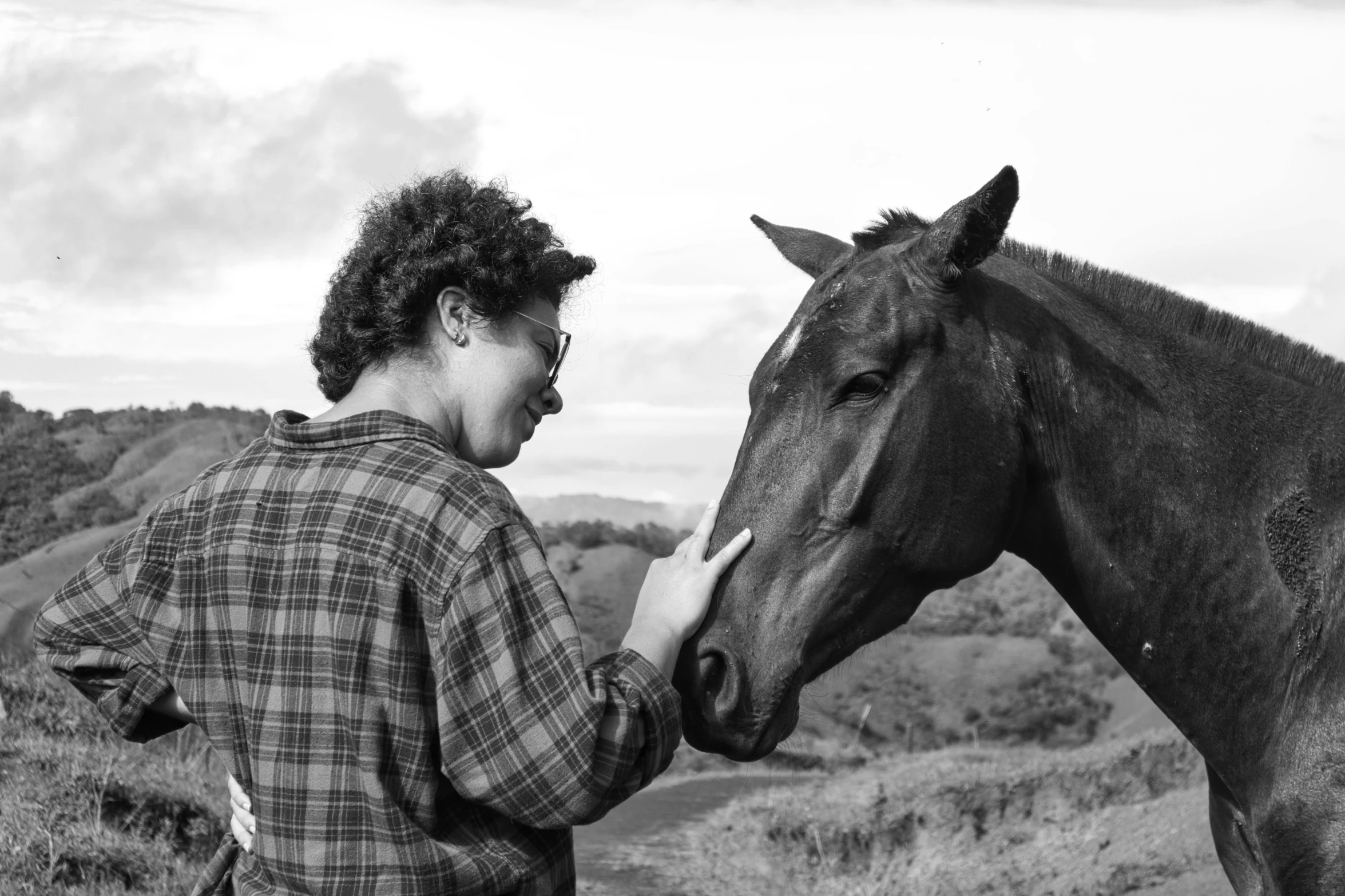 a woman petting a brown horse with her nose