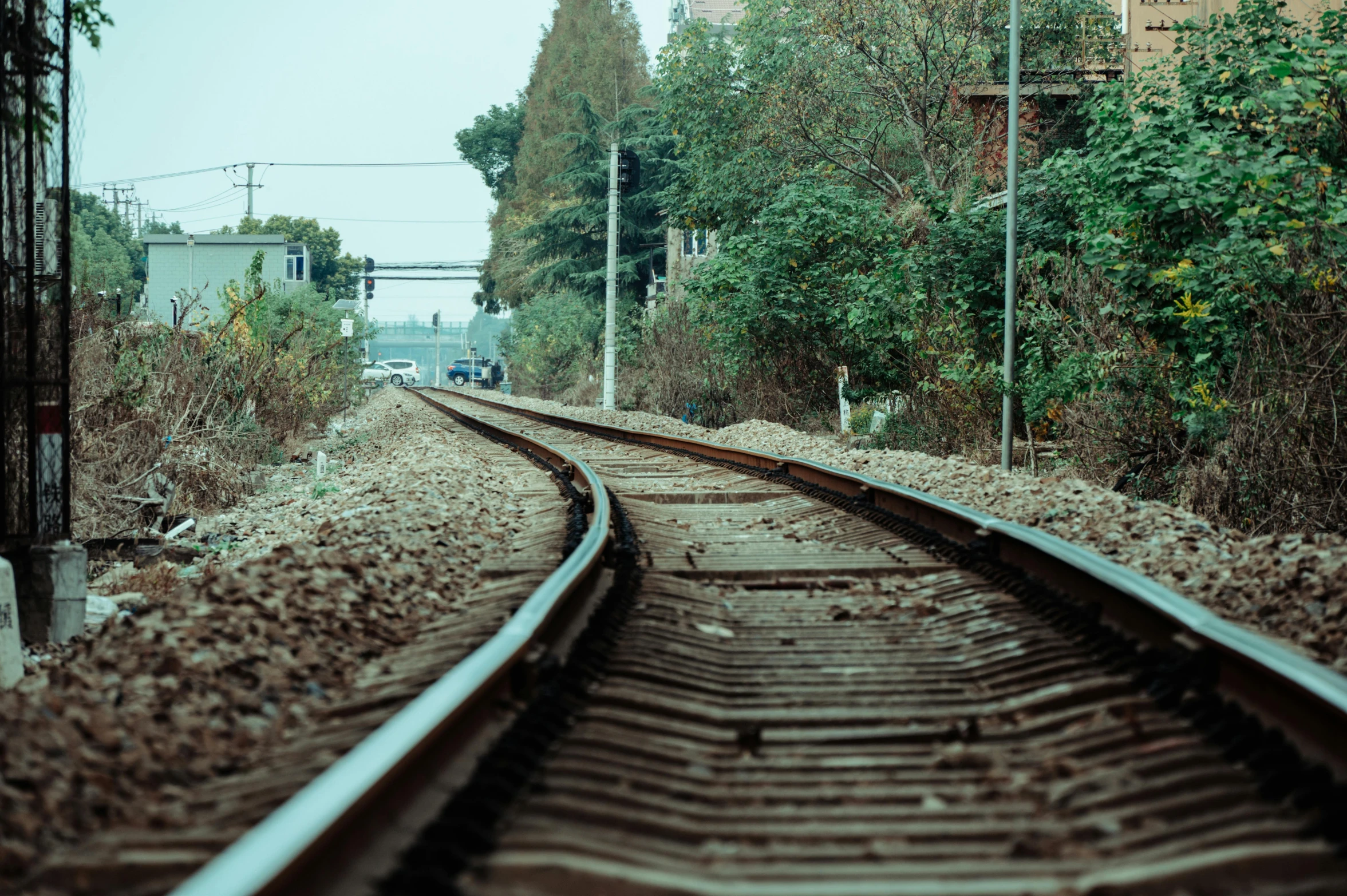 a railroad track with the lights on in front of houses