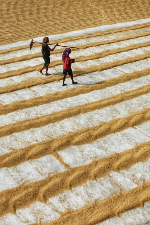 an adult and child with baseball bats walking on the field