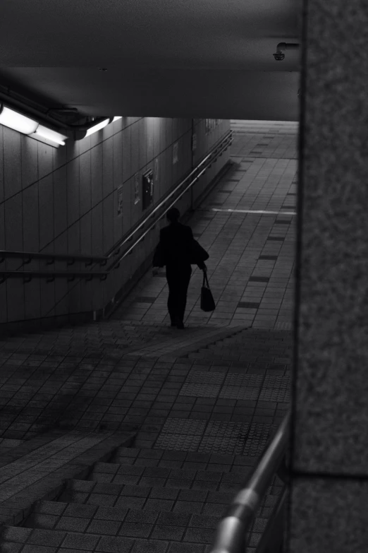 a woman walks up stairs with a bag in her hand