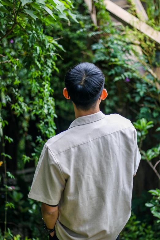 an asian man in a garden walking through a jungle