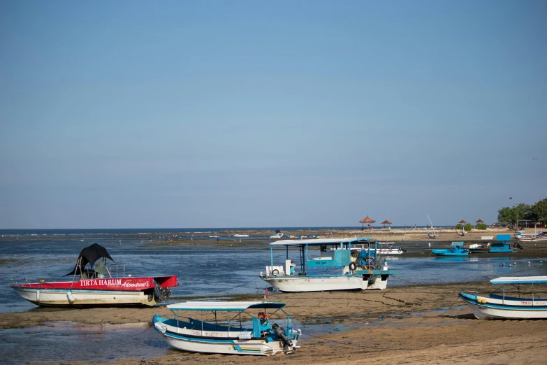 boats are docked on a shore and a beach