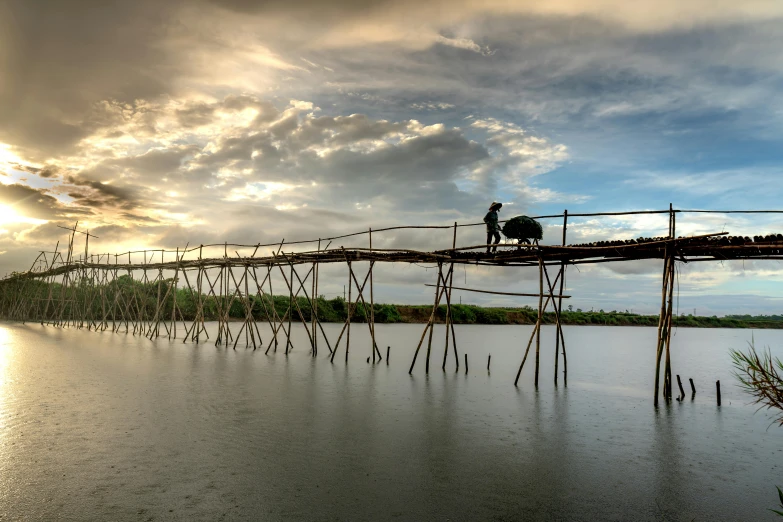 a person stands on top of a bridge over water