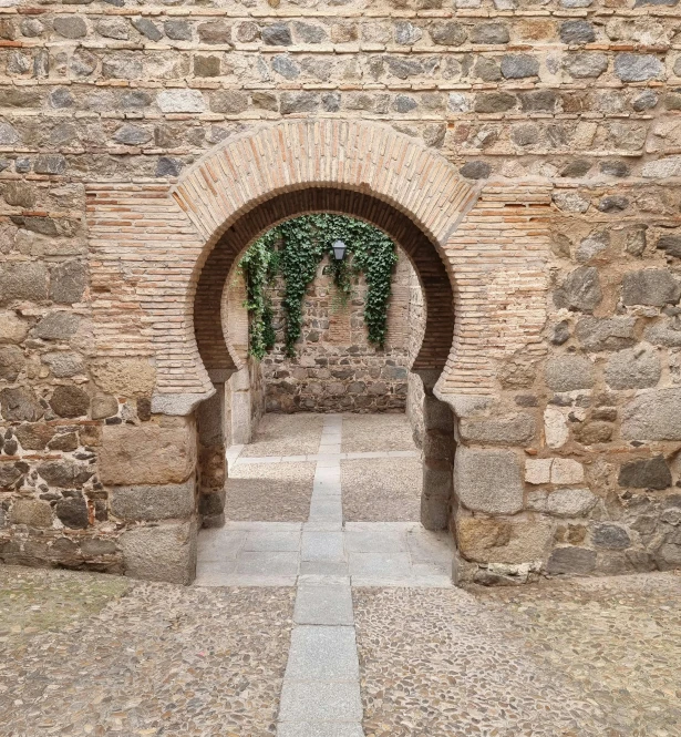 an outdoor passage with stairs and small trees