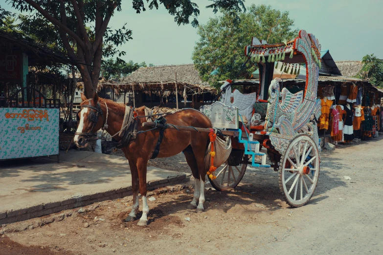 a horse is standing outside by some shops