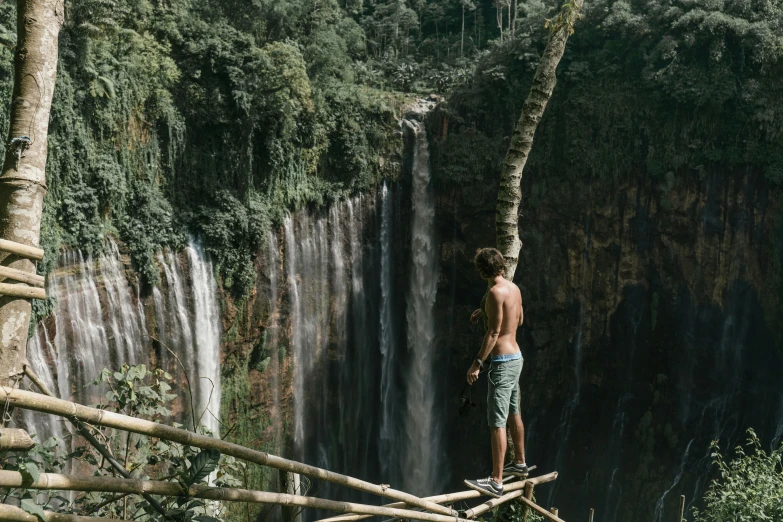 a man stands on a fallen nch in front of a waterfall