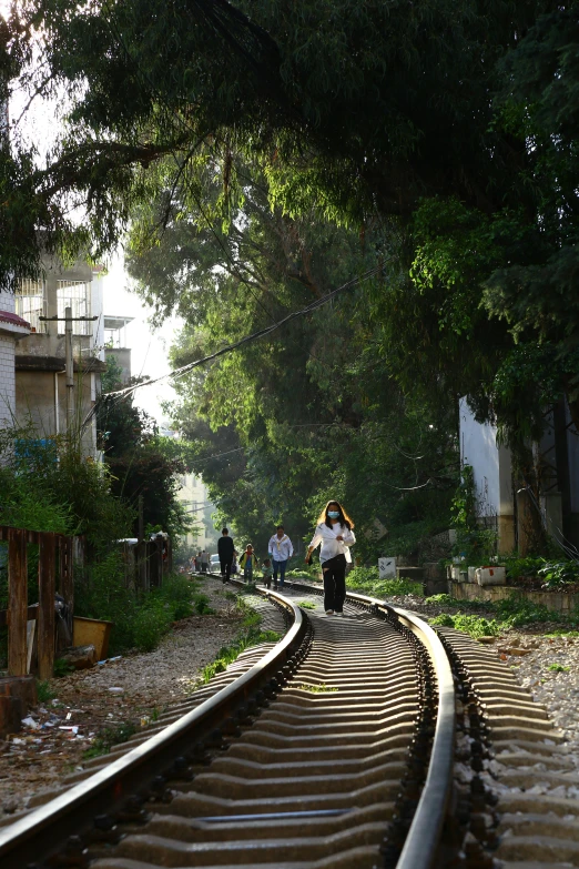 a woman walks along a railroad track under some trees