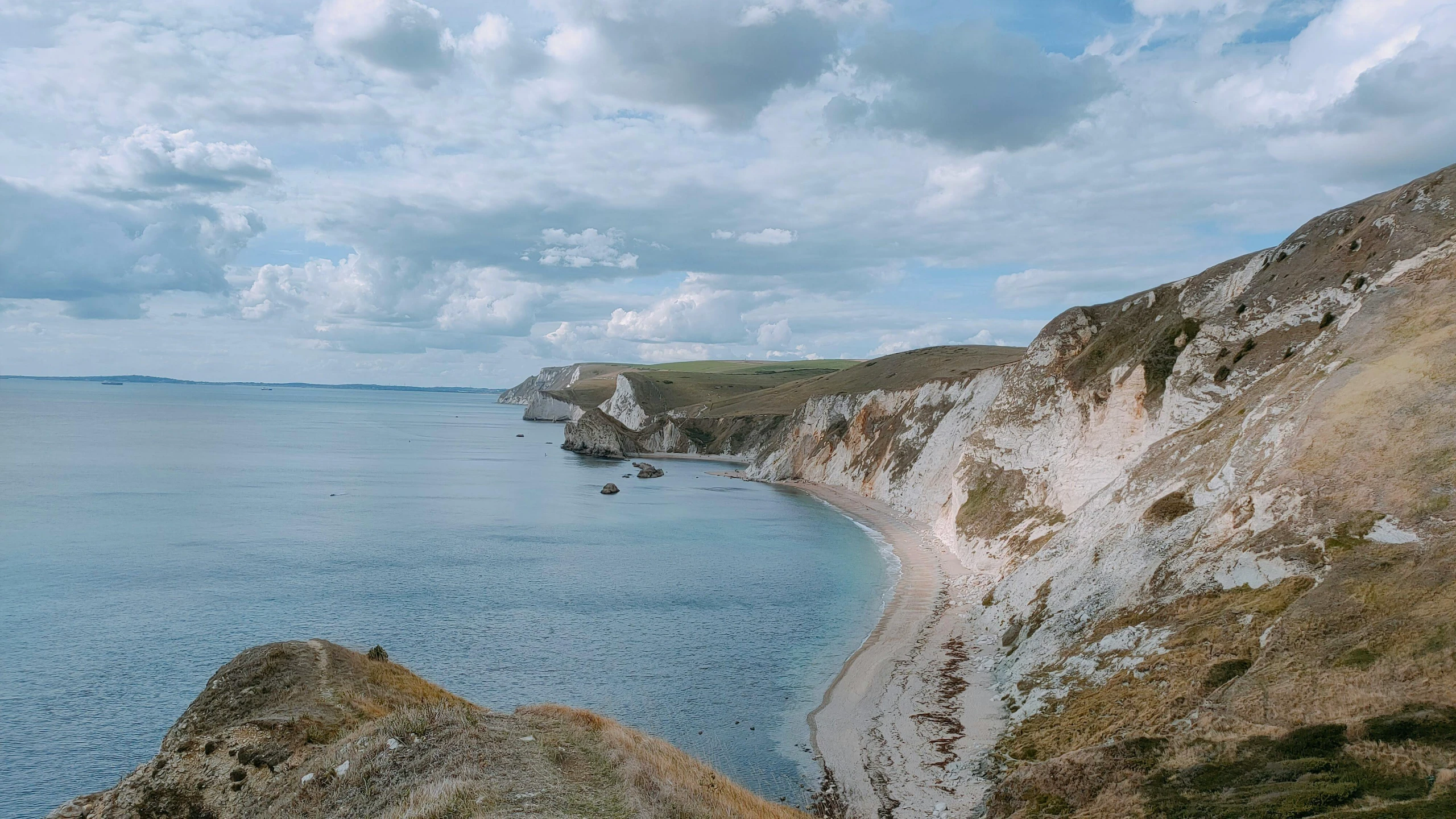 the cliff face has many white cliffs on it