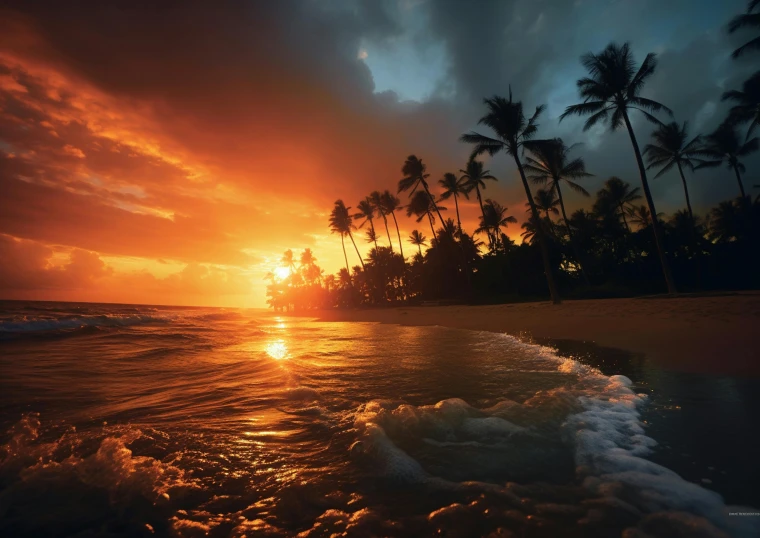 a tropical sunset over the ocean with palm trees and waves