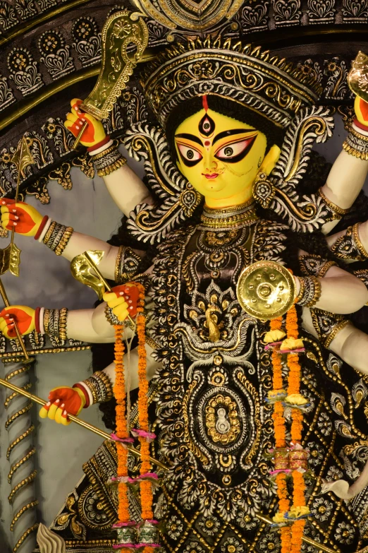 a figure in yellow with many decorations around it