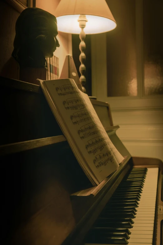 the lamp is on above a piano keyboard