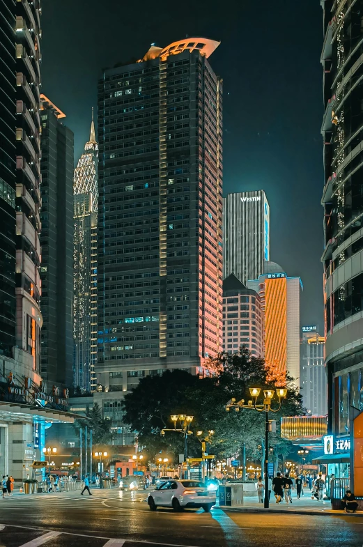 an urban setting in the city at night