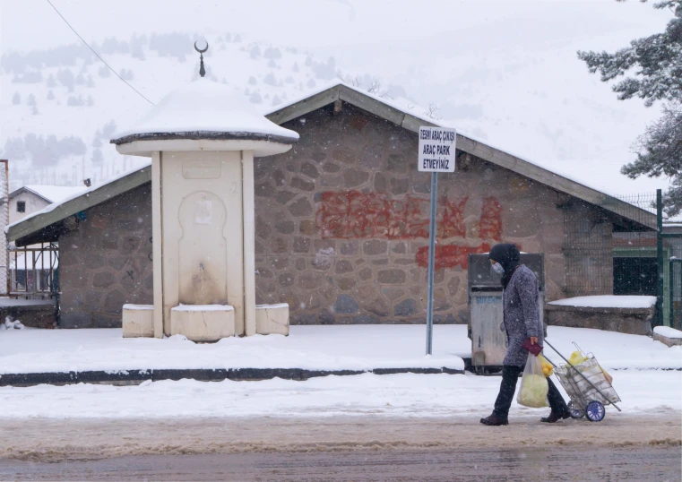 person walking down street with bags and a sign