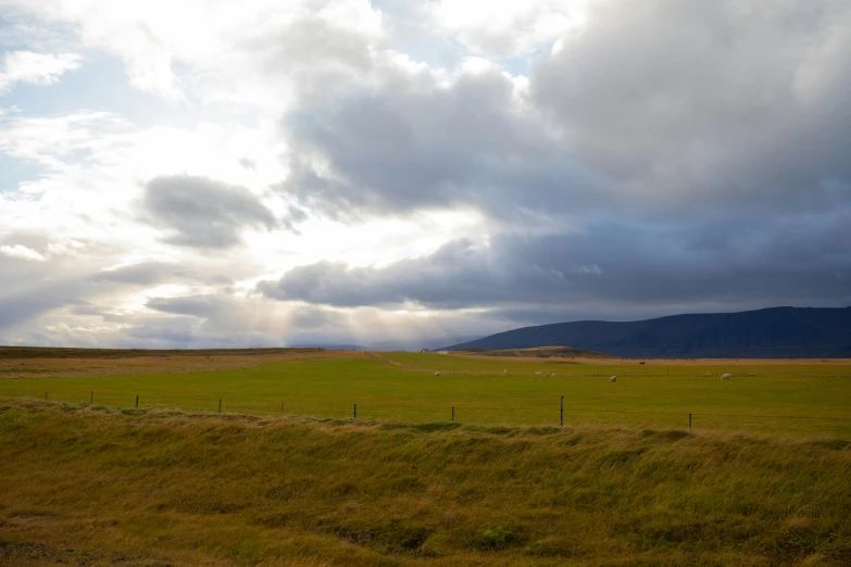 a green field with clouds and mountains in the background