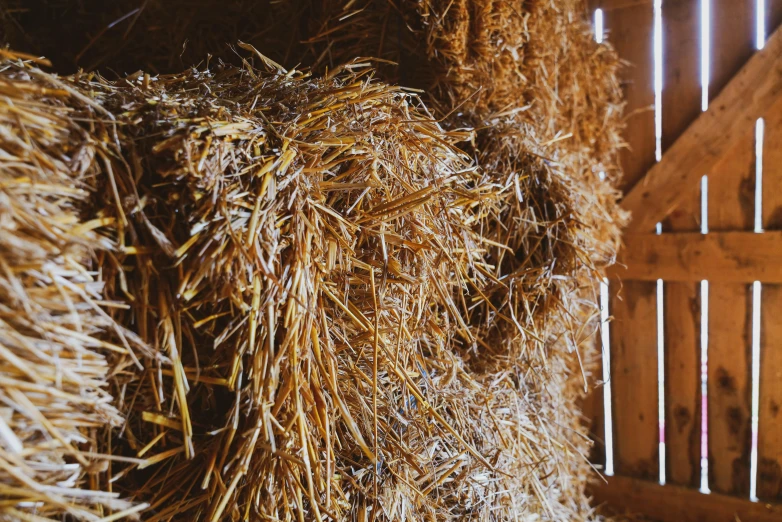 some straw are stacked on top of each other in the hay