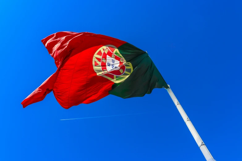 a flag is flying in the clear blue sky