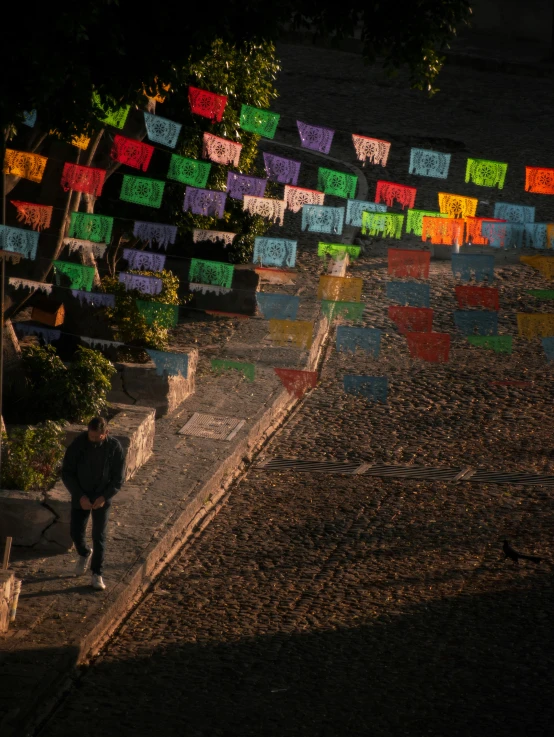 a person walking down some steps covered in signs