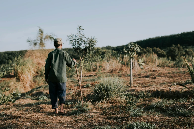 an old man is walking through a desert field