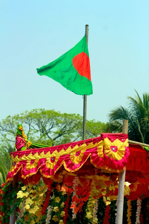 a very colorful and decorated indian flag on a roof