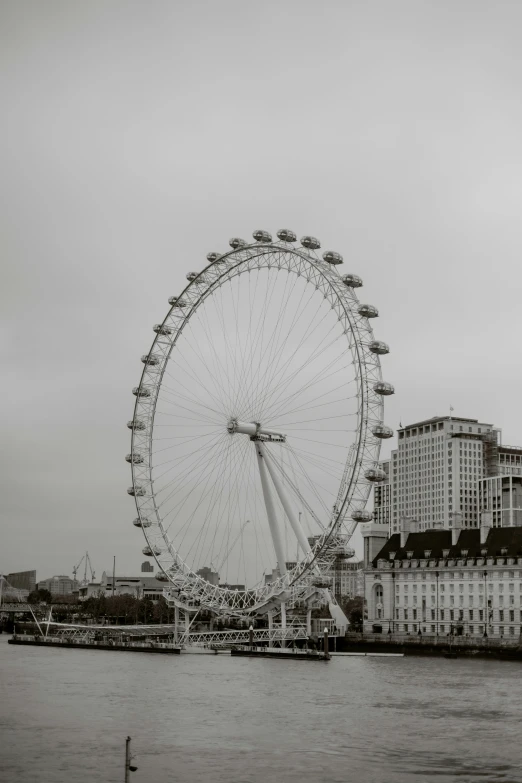 an amut park with a large ferris wheel over the water