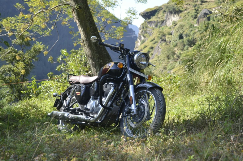 a motorcycle parked next to a tree on a hillside