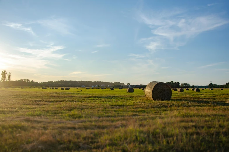 a field that has hay bales and some grass on the ground