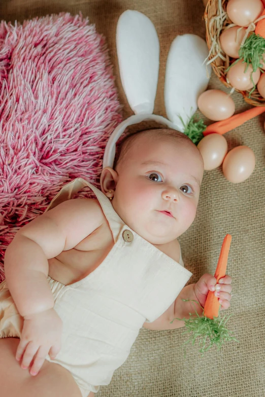 a baby wearing bunny ears laying down next to some eggs