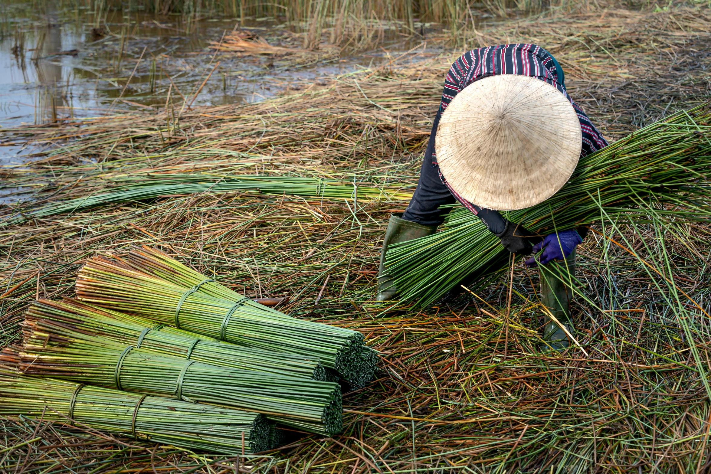 a man bends over while building a boat out of bamboo