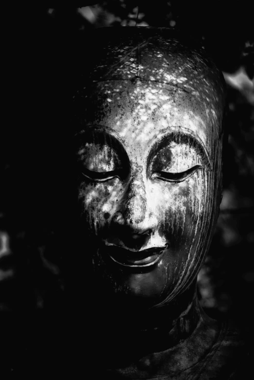 the buddha's face has a large, spooked surface on it