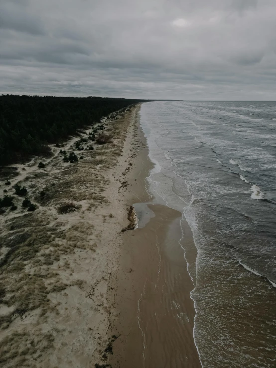 an overhead view of a beach with waves lapping against the shore