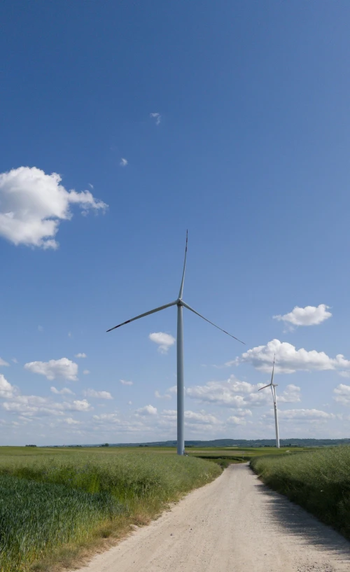 two windmills stand in the middle of a green field