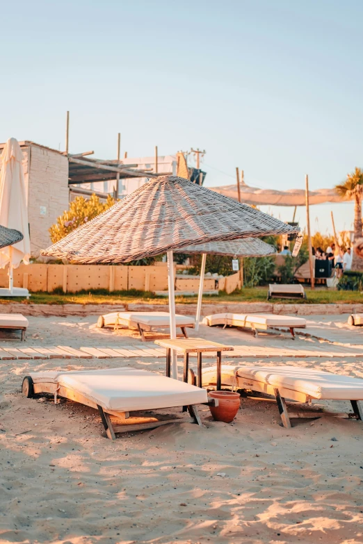 sun chairs and umbrellas line the beach