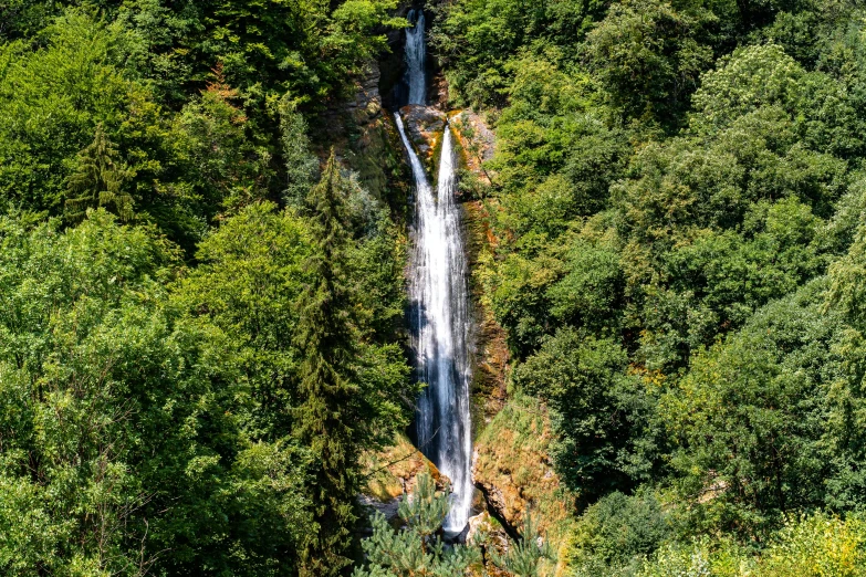 a tall waterfall towering over a green forest