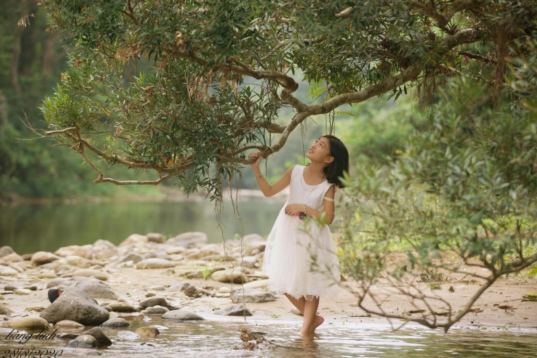 girl in dress under tree in water with rocks
